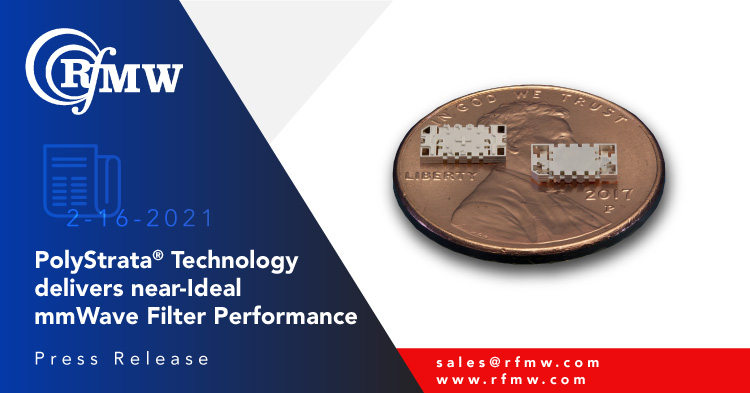 The Cubic Nuvotronics PSF28B04S interdigital filter has a pass band of 26.5 to 30 GHz with 50 Ω characteristic impedance