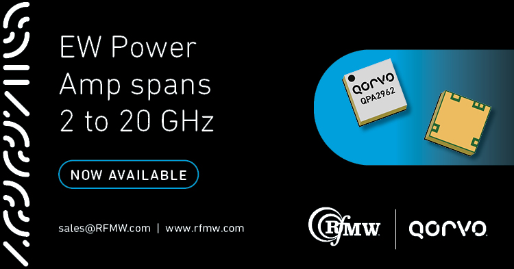 The Qorvo QPA2962 serves radar and EW applications from 2 to 20 GHz delivering 10 Watts of saturated output power with large signal gain of 13 dB.
