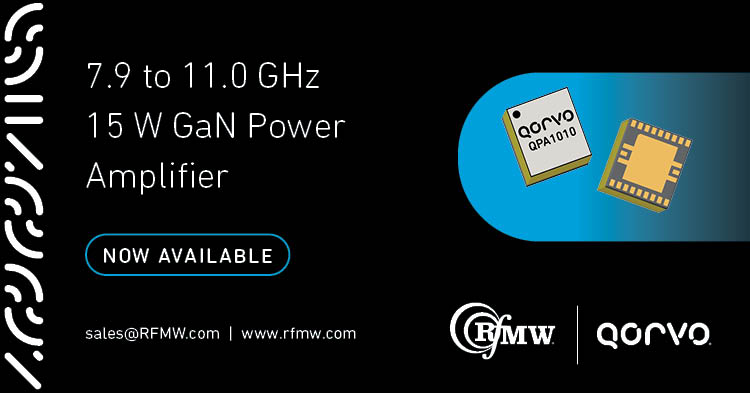 Qorvo’s QPA1010, high power MMIC performs well under both CW and pulse operations providing 15 W saturated output power from 7.9 to 11.0 GHz.