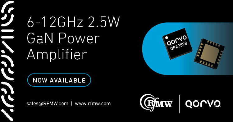 Operating from 6 to 12 GHz, the QPA2598 achieves 2.5 W output power with a Power Added Efficiency of 30% 