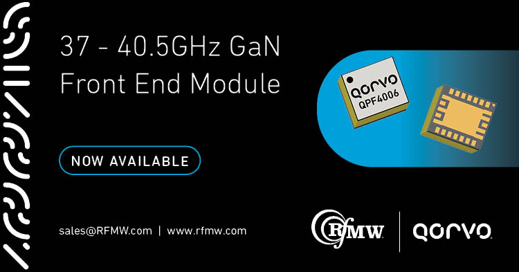 The QPF4006 MMIC mmWave FEM operates from 37.0 to 40.5 GHz with integrated LNA+TR SW+PA.