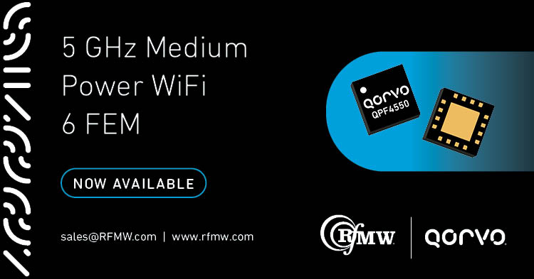 The Qorvo QPF4550 Wi-Fi 6 (802.11ax) front end module (FEM) offers a compact form factor with integrated matching
