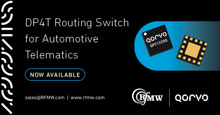 The Qorvo QPC1220Q is a double-pole, four-throw (DP4T) switch designed for automotive transfer routing applications from 617 to 6000 MHz 
