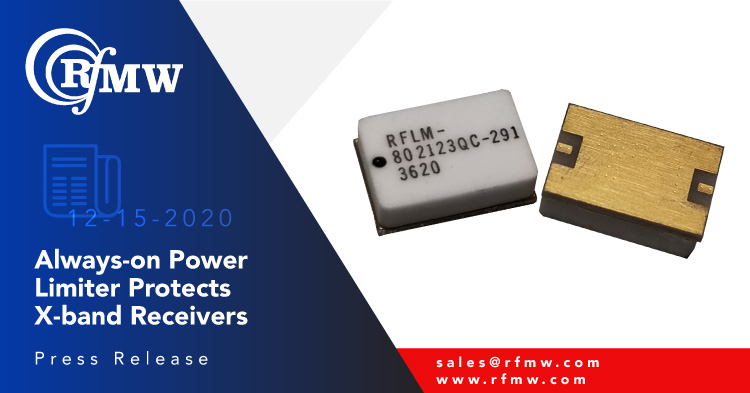 The RFuW Engineering model RFLM-802123QC-291 limiter module offers high power CW and peak power protection for X-band receivers (8.7 to 10.7 GHz).