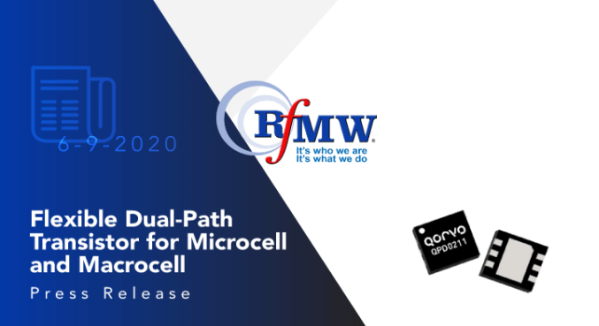 Qorvo’s QPD0211 dual-path, GaN transistor supports 20 or 40 Watt asymmetric Doherty applications from 2.5 to 2.7 GHz. 