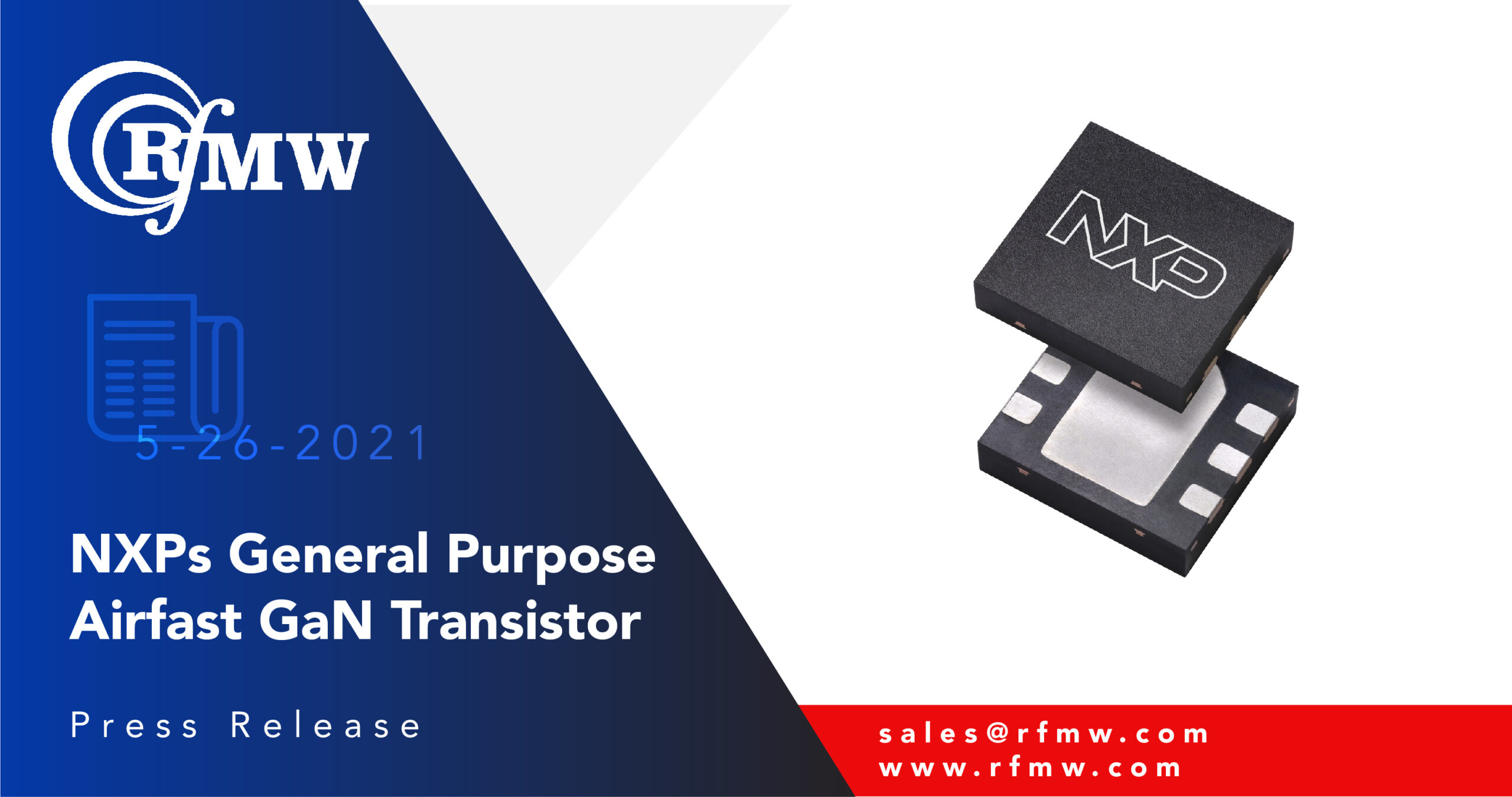 NXP’s A3G26D055NT4 GaN on SiC discrete RF transistor delivers 55 Watts of peak power from 100 to 2690 MHz