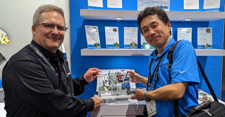 Kirk Barton and Qorvo, Inc. Senior Systems Engineer, Masashi Nogawa, showcase a new Advanced Power Solution for Phased Array Systems with cutting-edge power management products ACT43750, ACT43950, and ACT43850 at the RFMW booth at IMS2023
