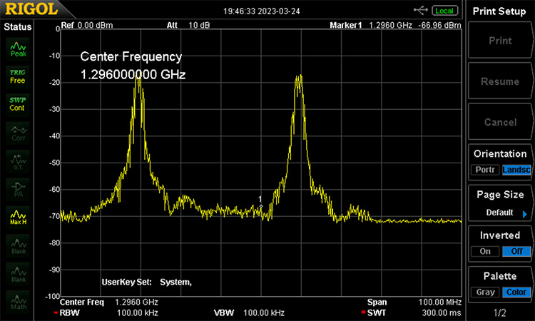 A spectrum analyser plot of signals ±50MHz of my operating frequency clearly shows the two pairs of high-power radar signals. (Image Tim Daniels)