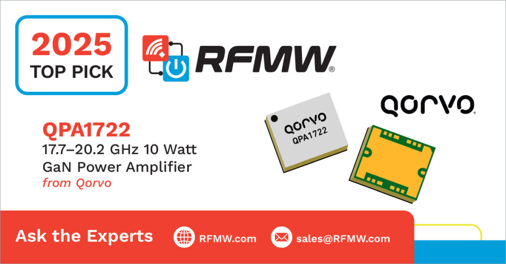 RFMW 2025 Top Pick, Qorvo QPA1722 17.7-20.2 GHz 10 Watt GaN Power Amplifier